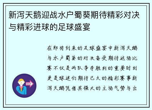 新泻天鹅迎战水户蜀葵期待精彩对决与精彩进球的足球盛宴