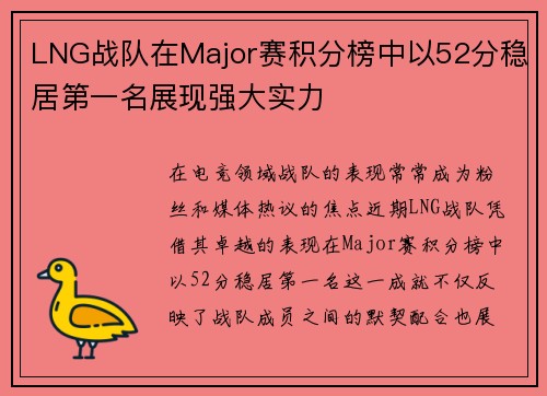 LNG战队在Major赛积分榜中以52分稳居第一名展现强大实力